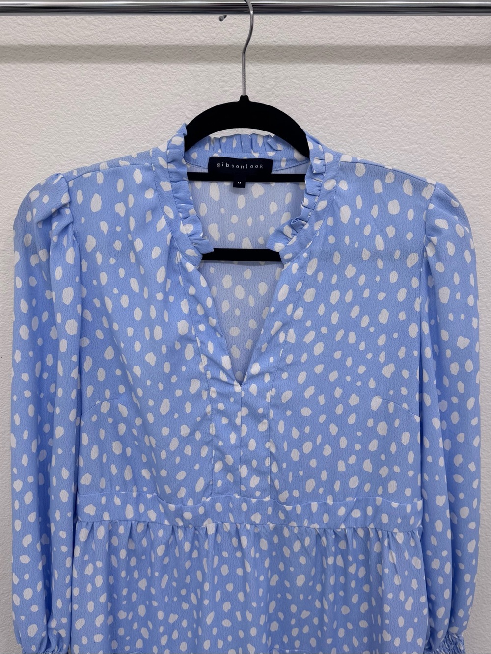 Gibsonlook Light Blue Polka Dot Ruffle V-Neck Long Sleeve Dress